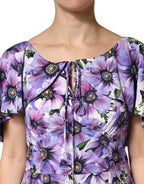 Purple Floral Silk Stretch Elegant Gown  Dress