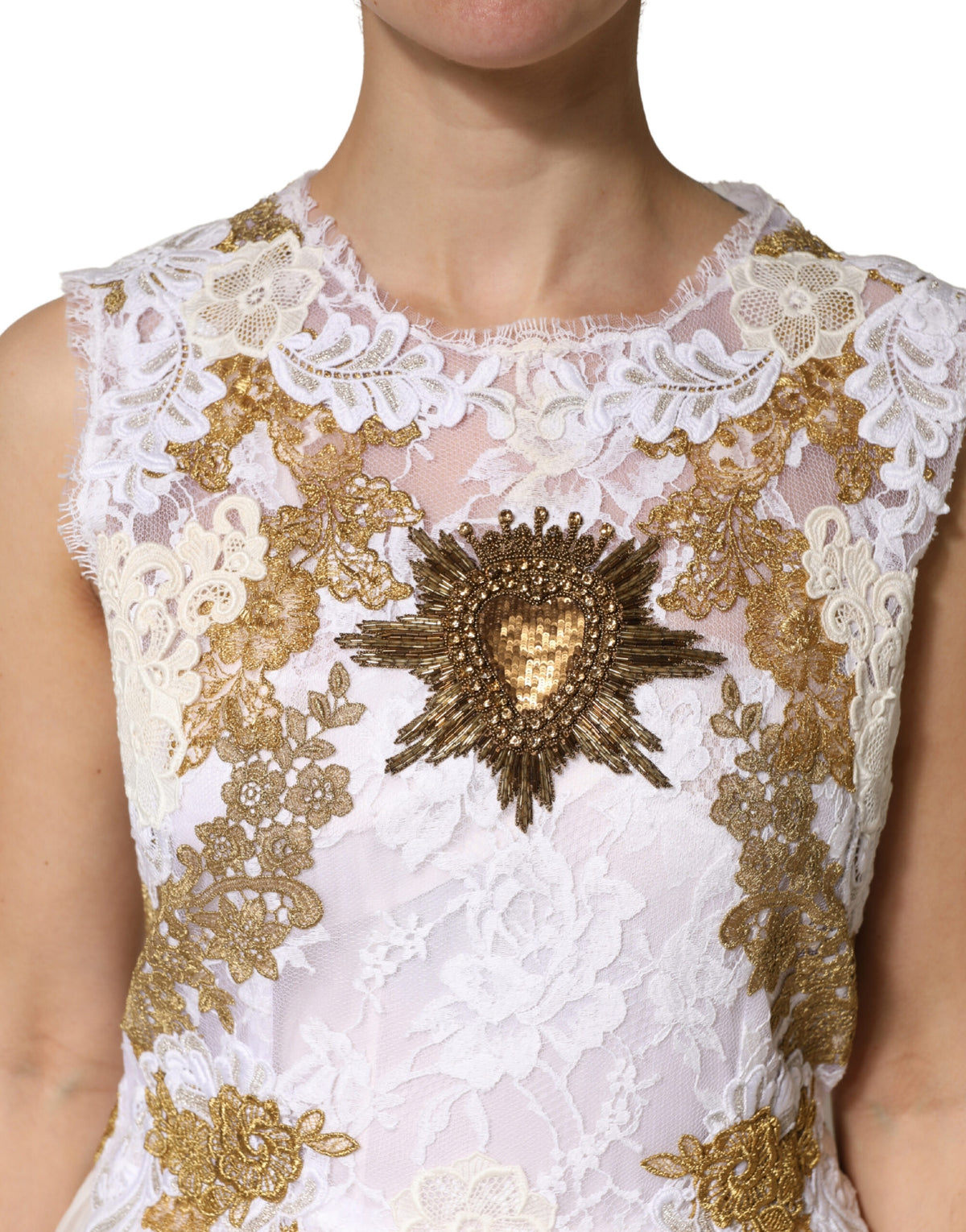 Ivory Lace Silk Embellished Sleeveless  Dress