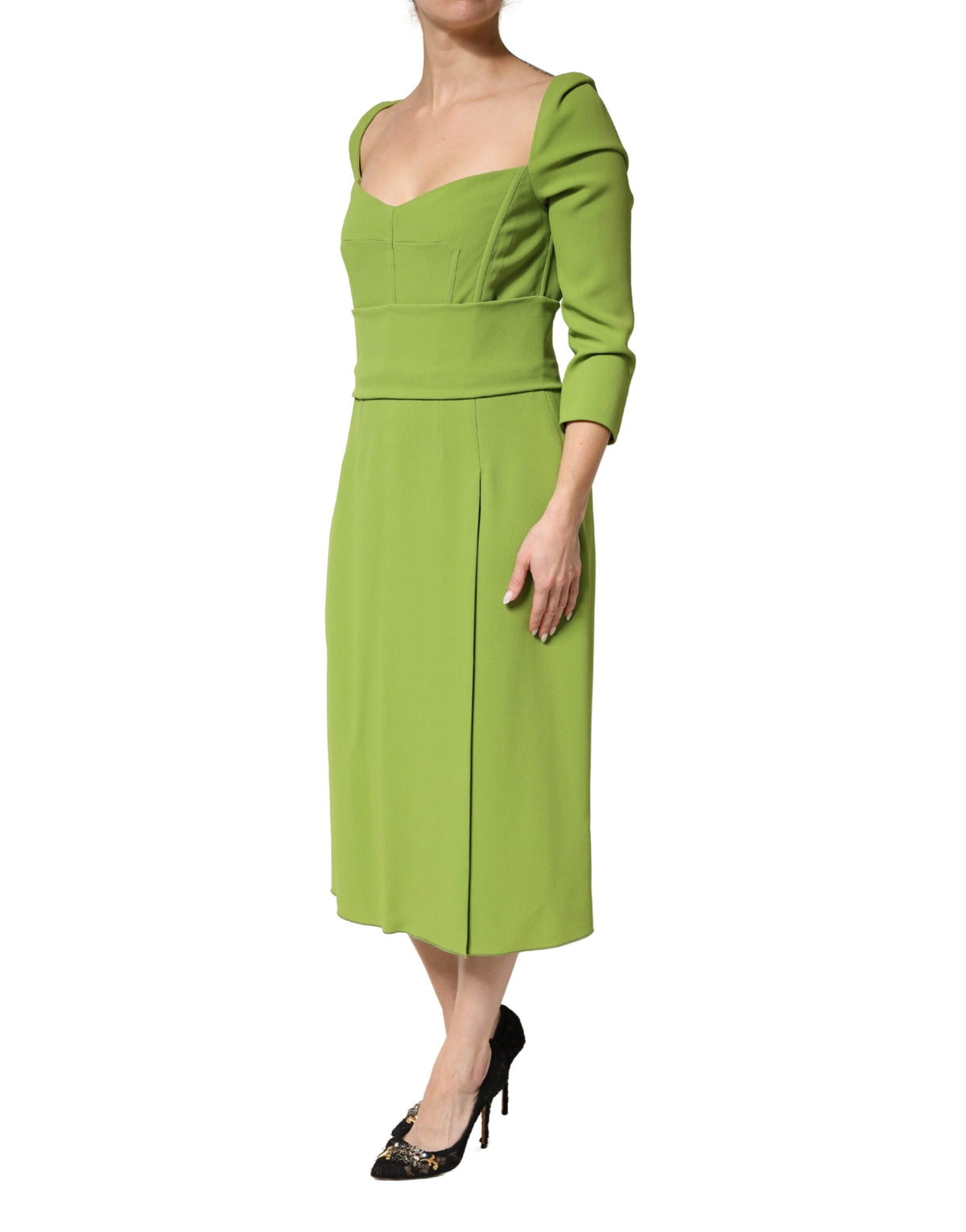 Green Silk Sweetheart Neckline Midi  Dress