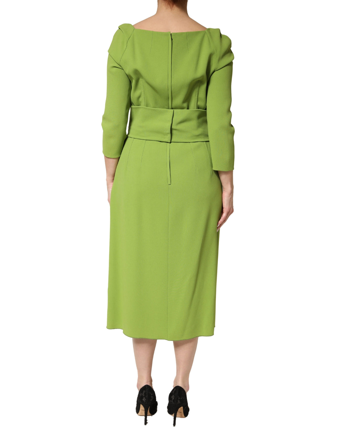Green Silk Sweetheart Neckline Midi  Dress