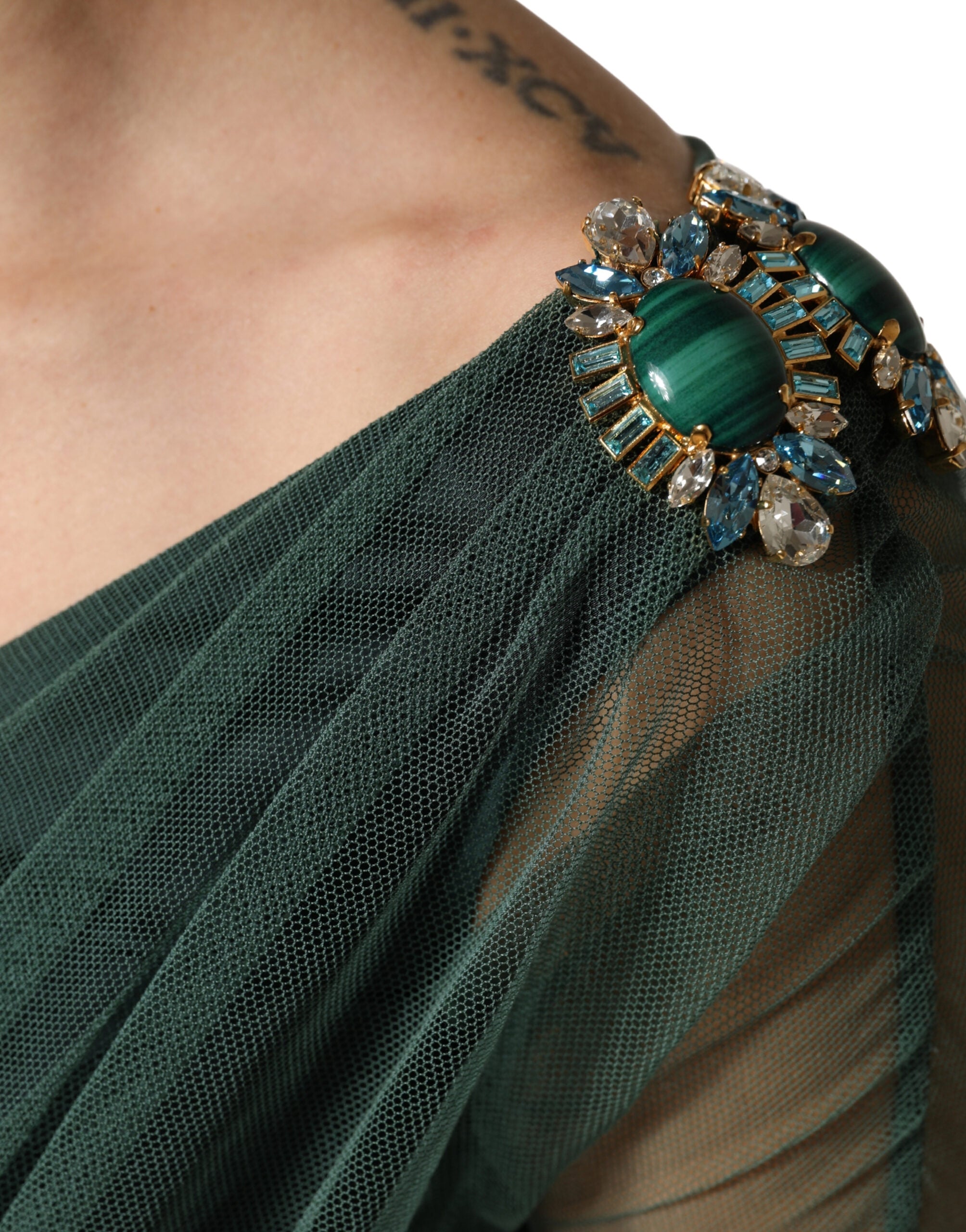 Green Ruched Mesh Sheer Sleeves Midi Dress