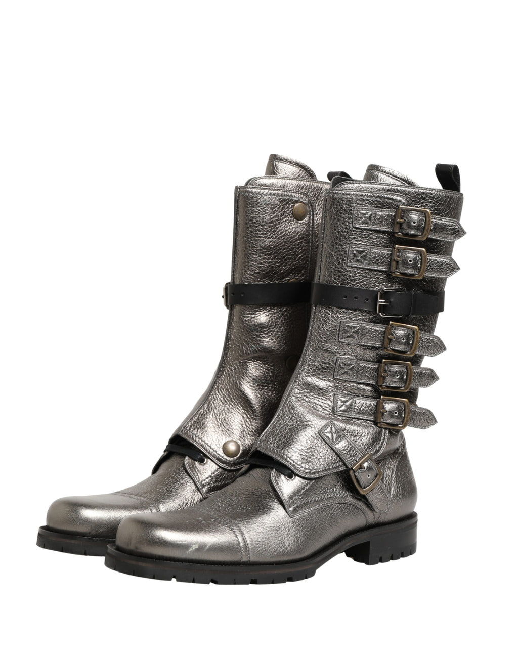Metallic Leather Buckle Combat Boots Shoes