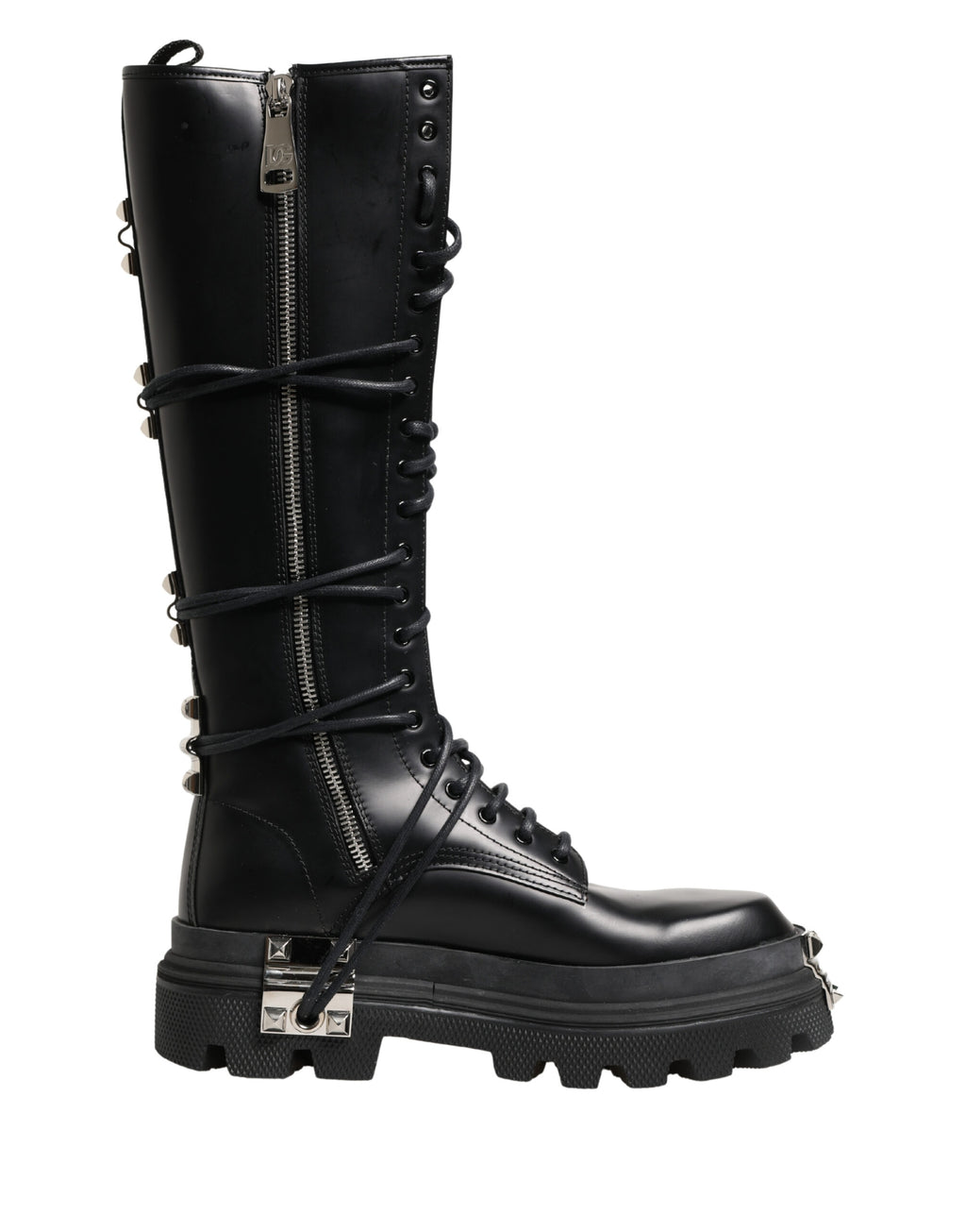 Black Leather Knee High Combat Boots Shoes