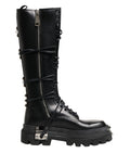 Black Leather Knee High Combat Boots Shoes