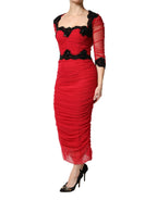 Red Mesh Trim Bodycon Sheath Midi Dress