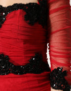 Red Mesh Trim Bodycon Sheath Midi Dress