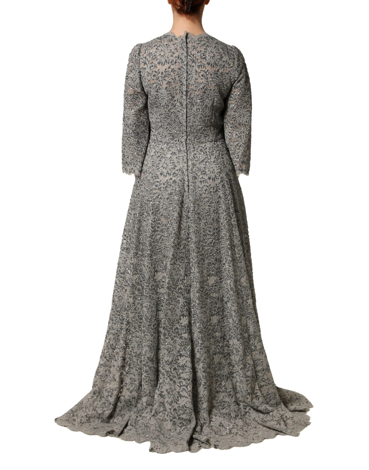 Gray Lace Long Sleeves Cotton Maxi Dress