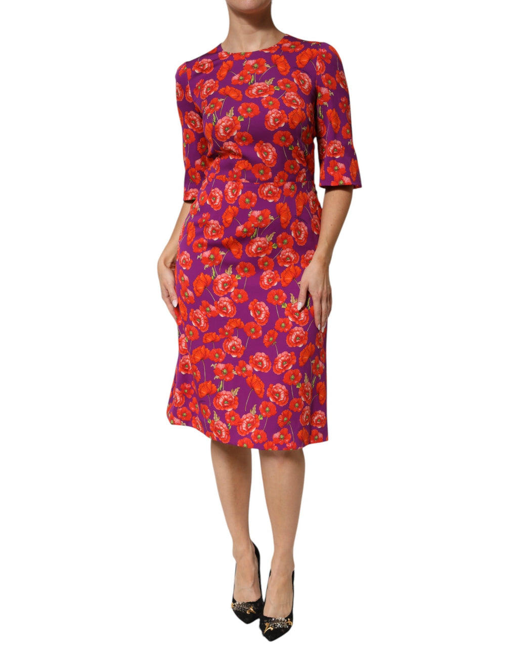 Purple Silk Floral Print Midi Sheath Dress