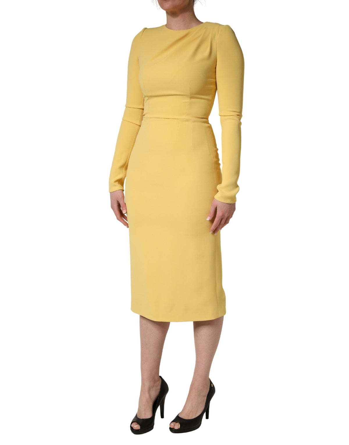 Yellow Silk Long Sleeves Sheath Midi Dress