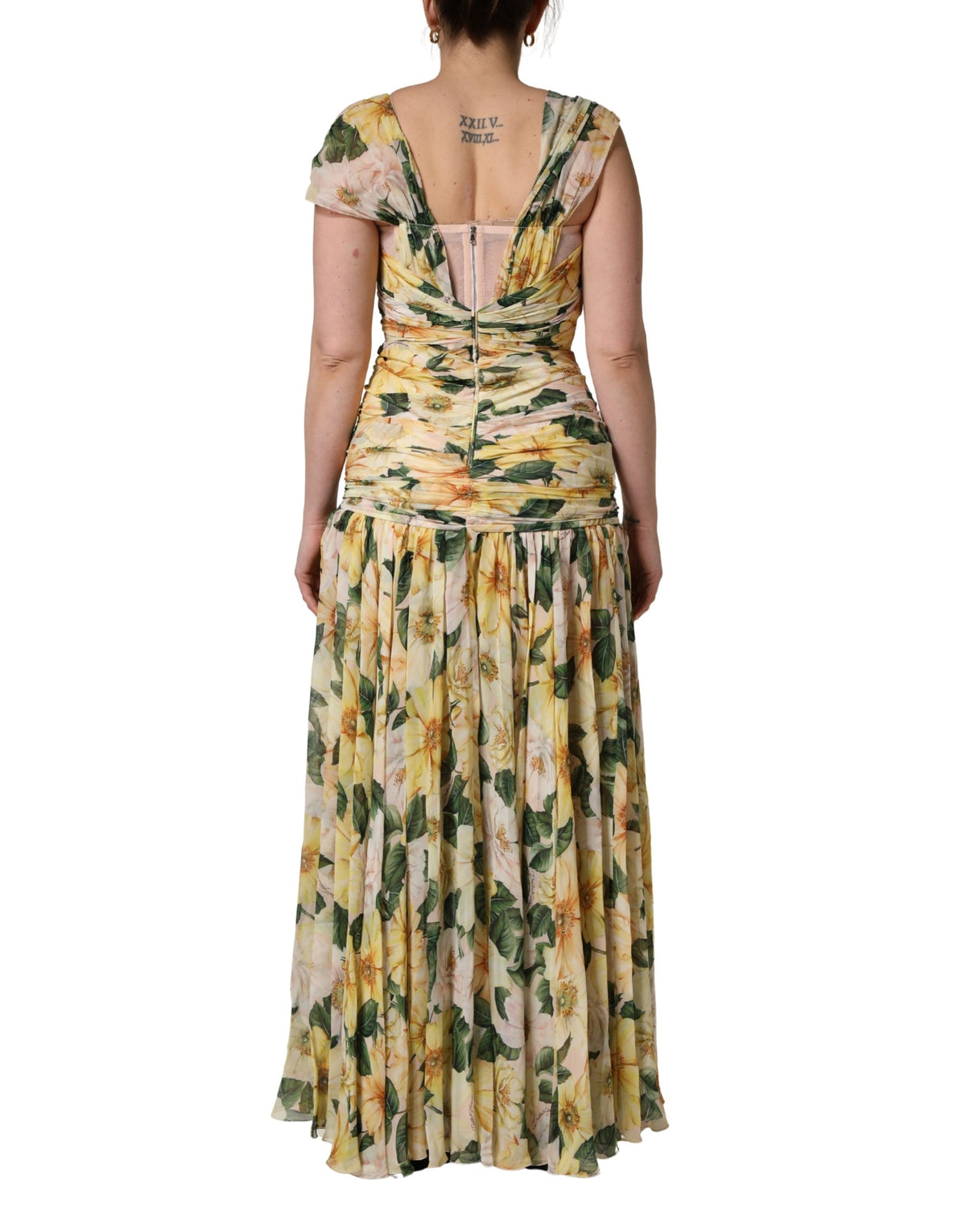Yellow Silk Floral Print Pleated Maxi Dress
