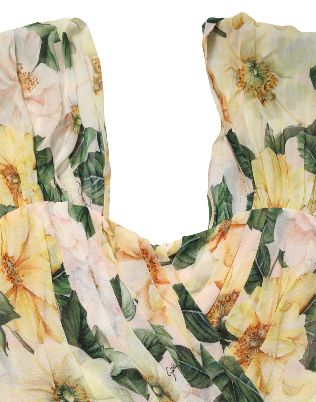 Yellow Silk Floral Print Pleated Maxi Dress