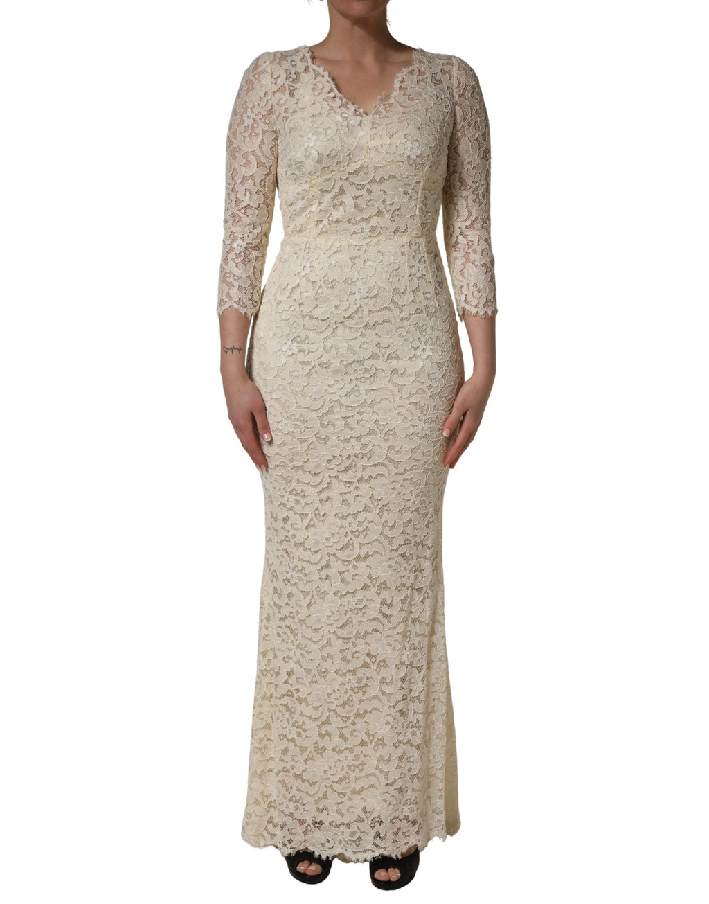 Off White Floral Lace Sheath Maxi Dress