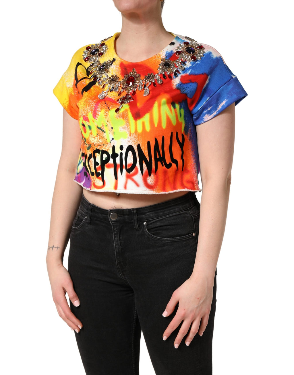Multicolor Graffiti Crystals Crop Jersey Top