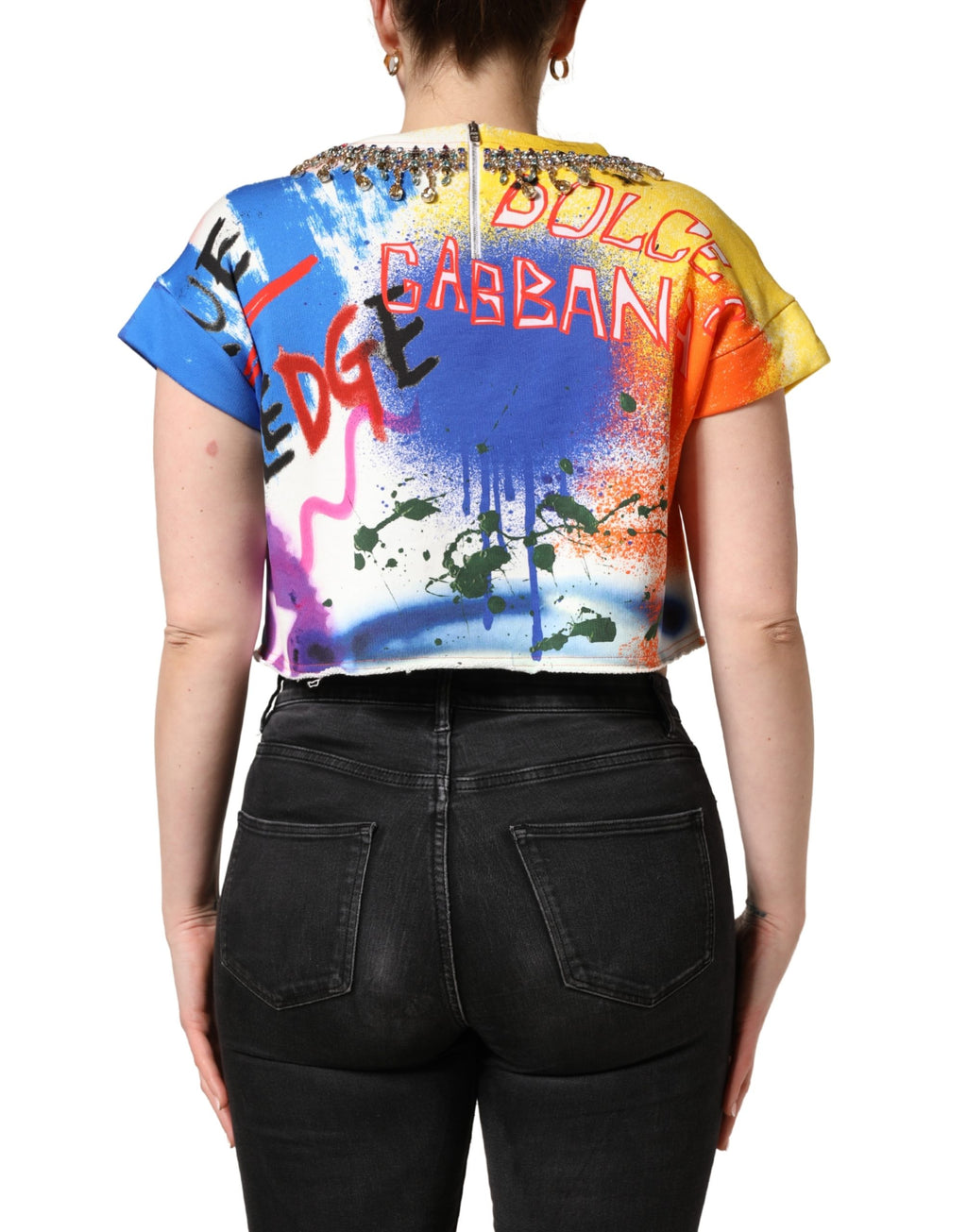 Multicolor Graffiti Crystals Crop Jersey Top