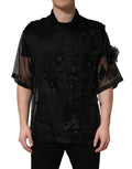 Black Floral Applique Sheer Short Sleeve Shirt