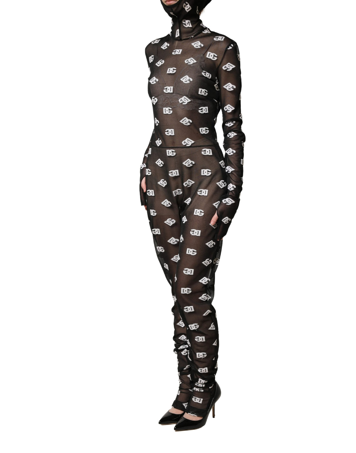 Black White Logo Print Hooded Jumpsuit Dress