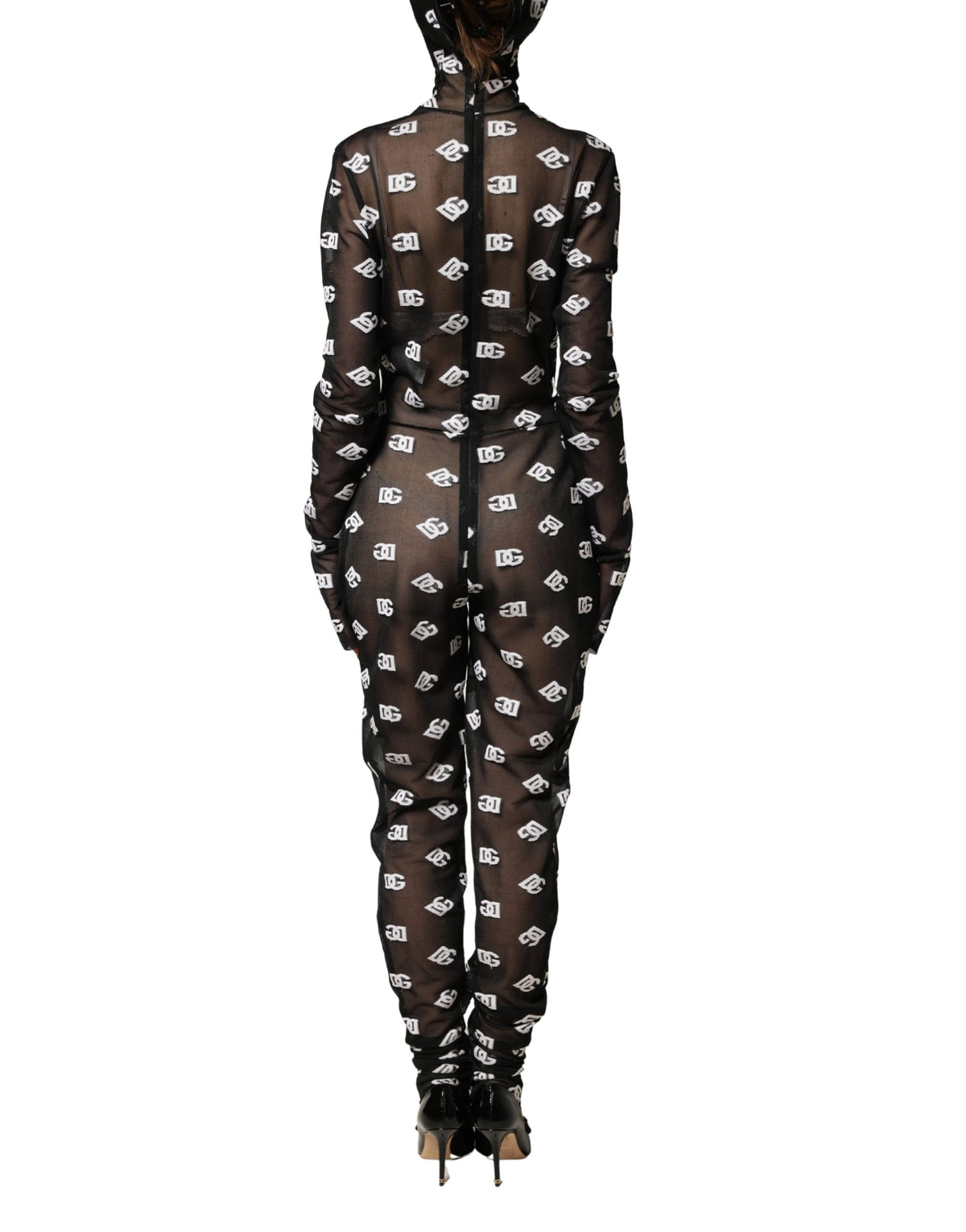 Black White Logo Print Hooded Jumpsuit Dress