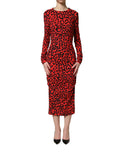 Red Leopard Print Long Sleeves Midi Dress