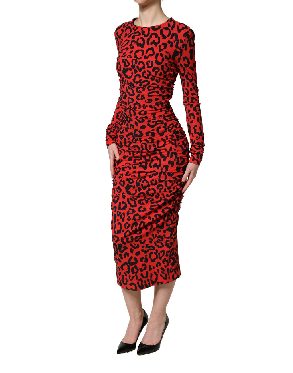 Red Leopard Print Long Sleeves Midi Dress