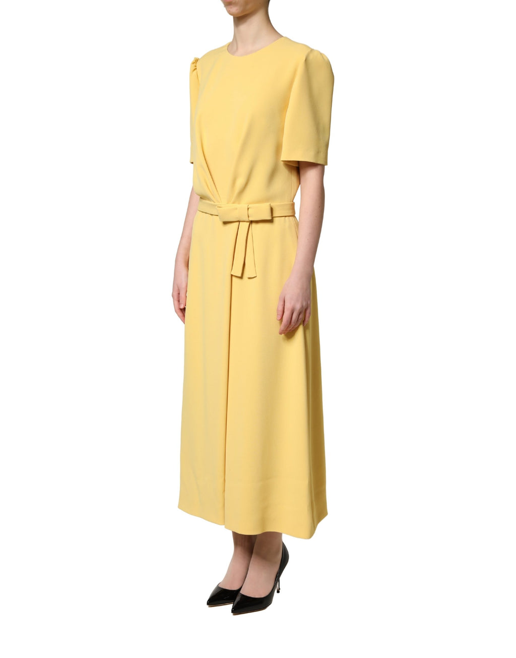 Yellow Short-Sleeved Crew Neck Midi Dress