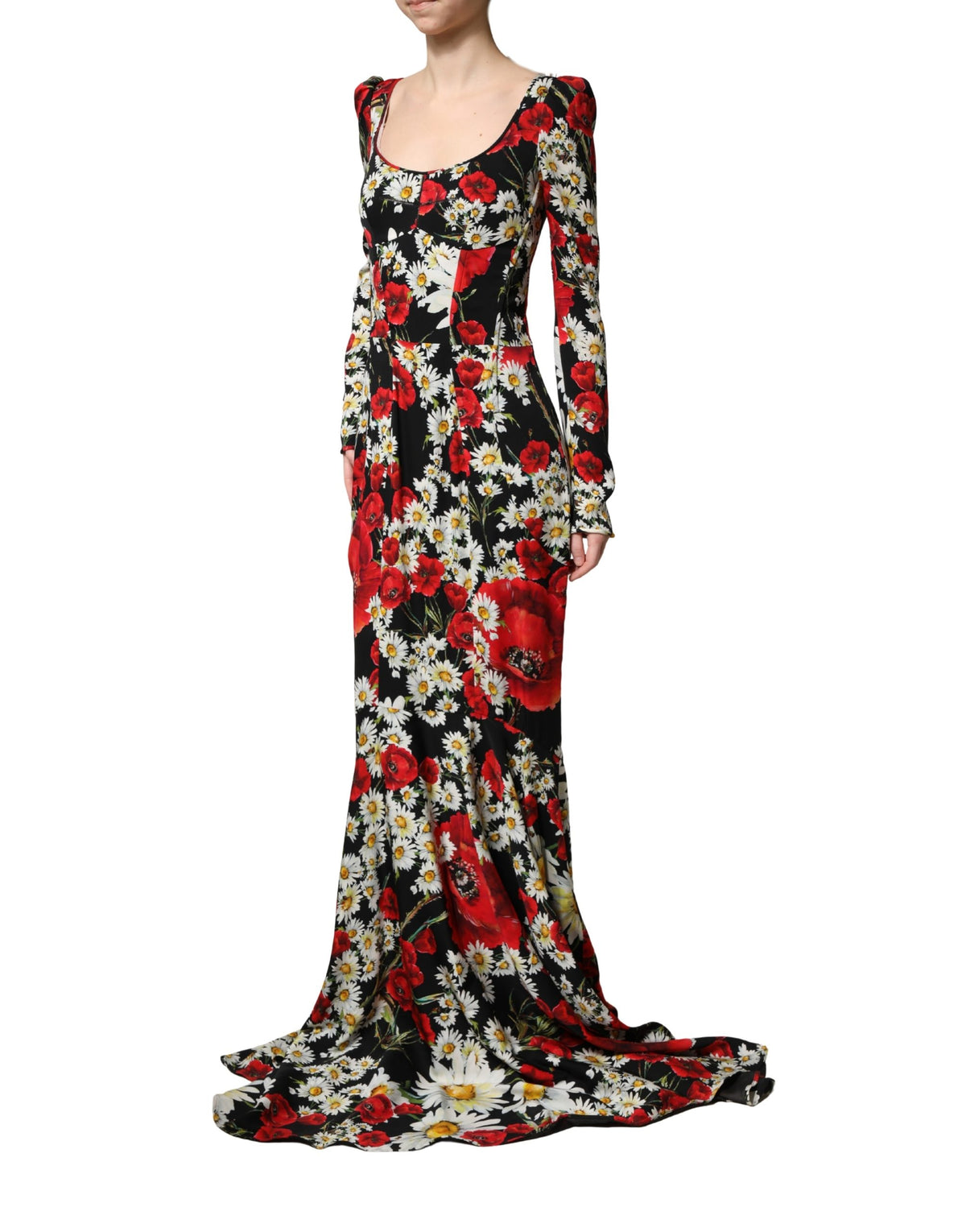 Black Floral Silk Long Sleeves Gown Dress
