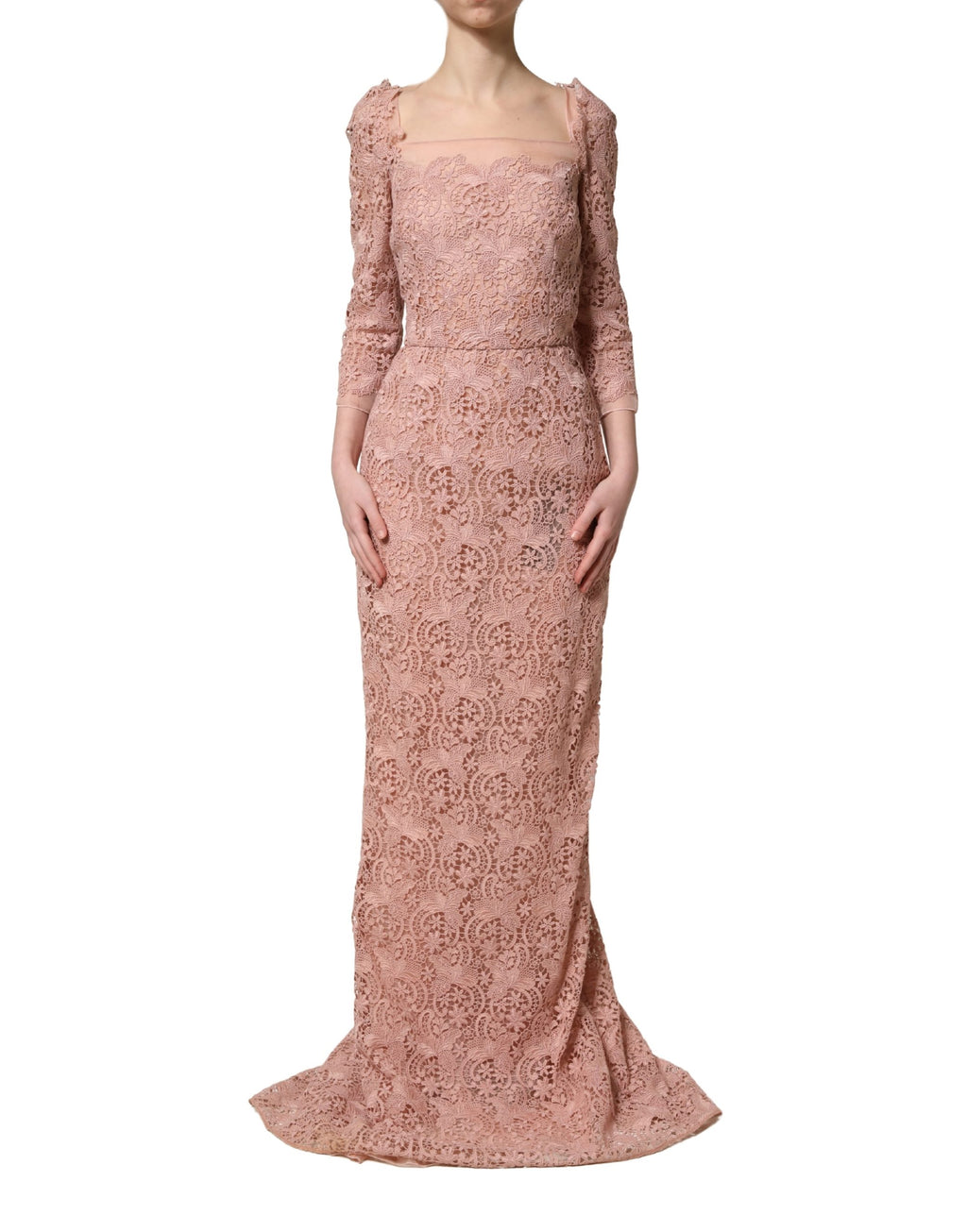 Pink Lace Long-Sleeved Evening Gown Dress