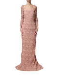 Pink Lace Long-Sleeved Evening Gown Dress