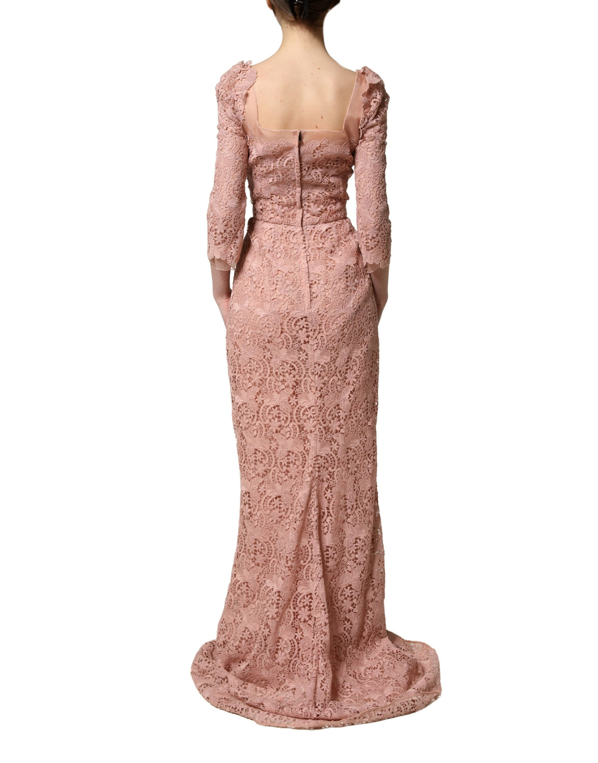 Pink Lace Long-Sleeved Evening Gown Dress