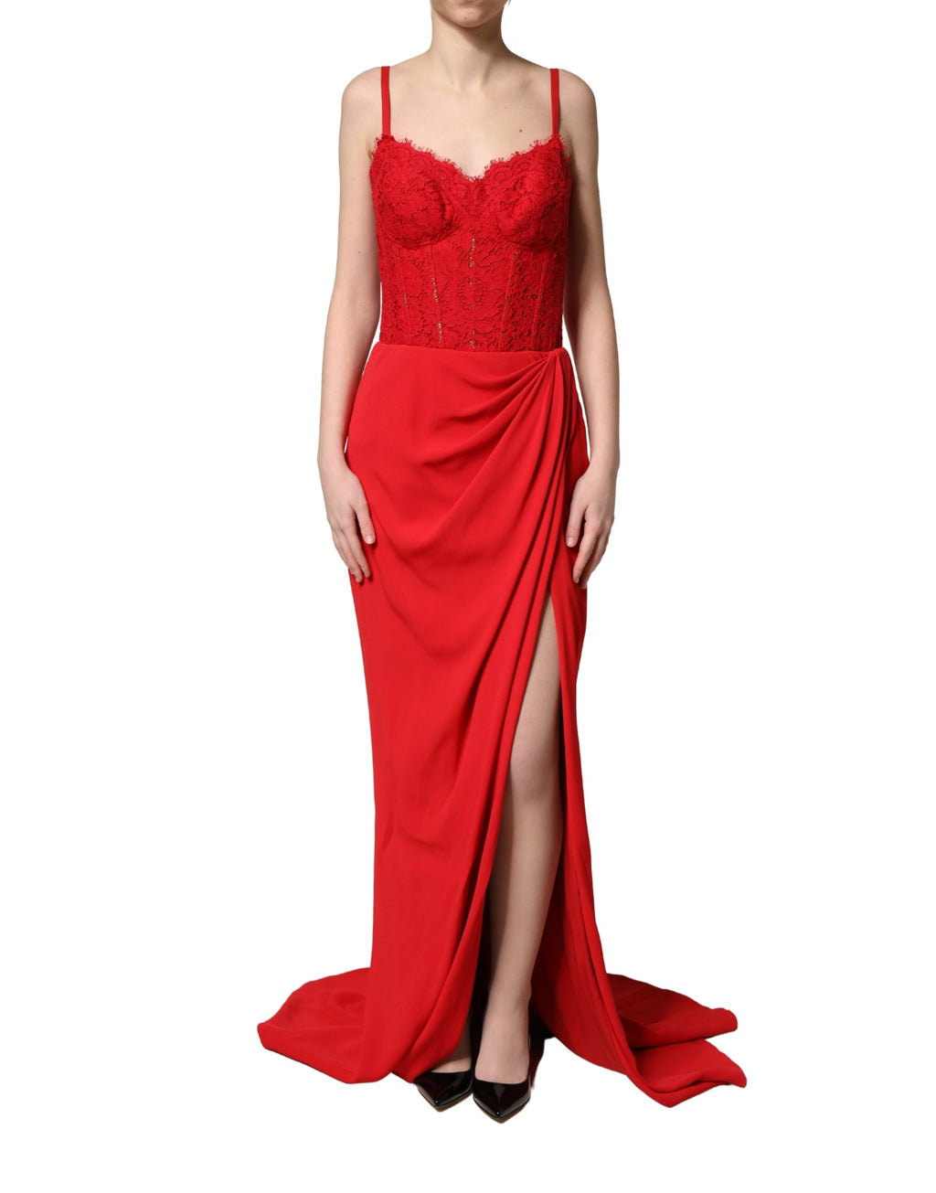 Red Corset Lace Bodice Draped Long Gown Dress