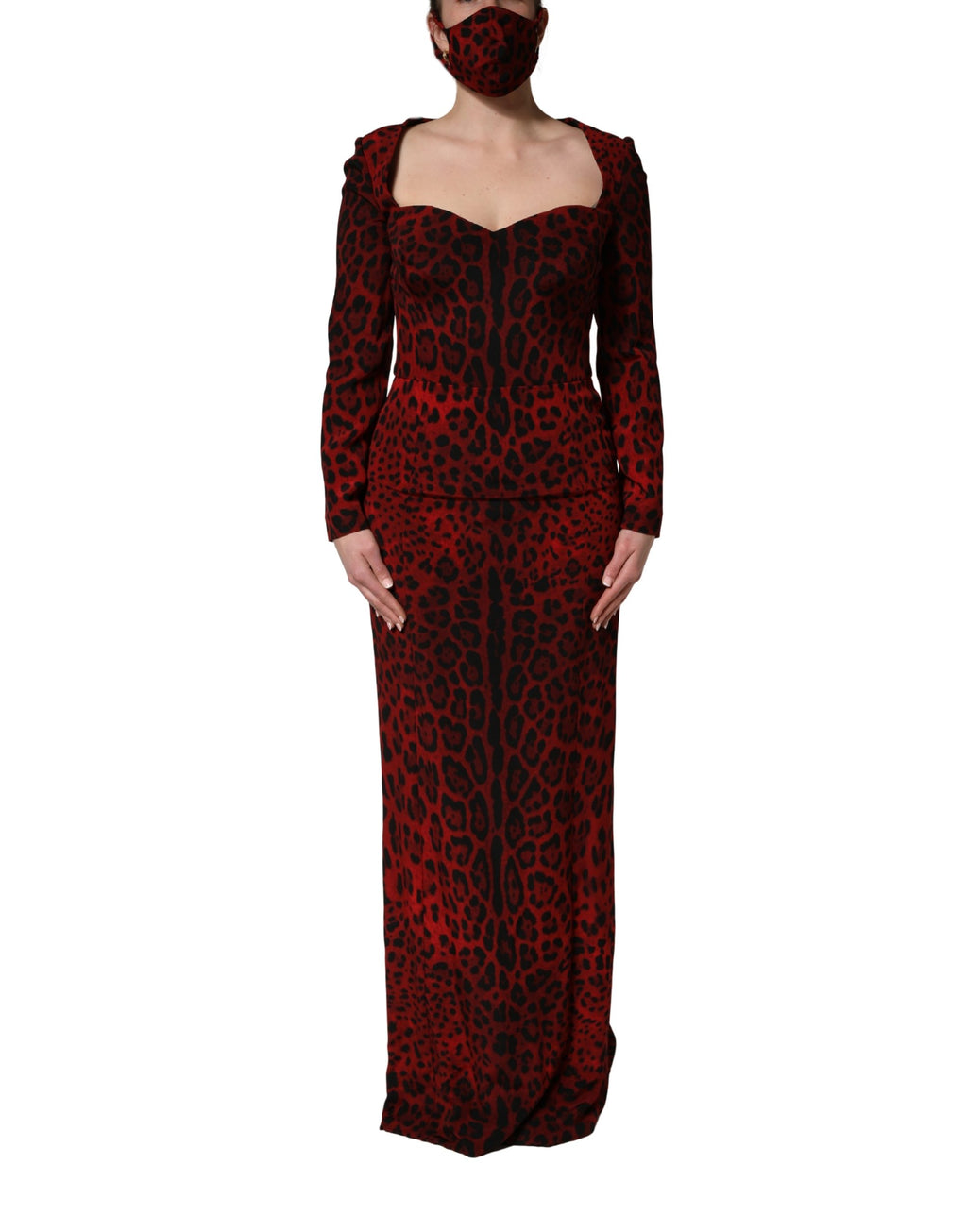 Red Leopard Print Sheath Long Sleeve Dress