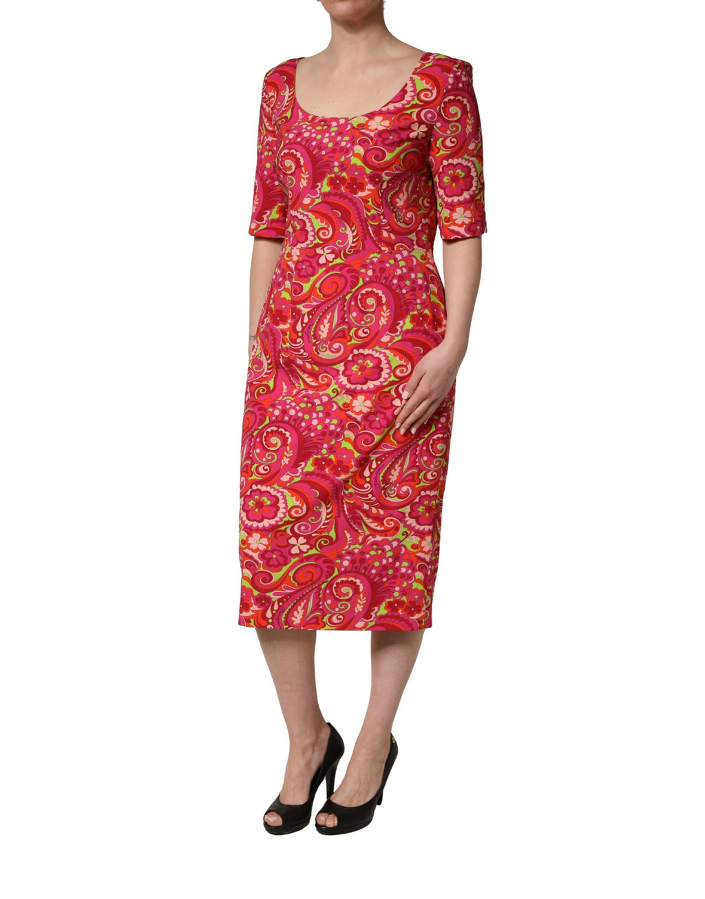 Red Paisley Floral Print Sheath Midi Dress