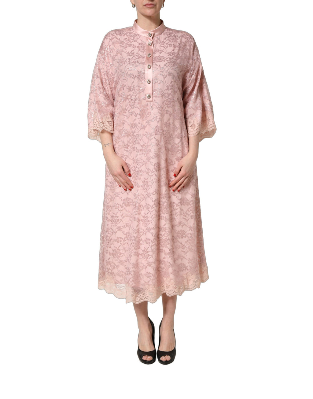 Pink Corded Floral Lace Kaftan Midi Dress