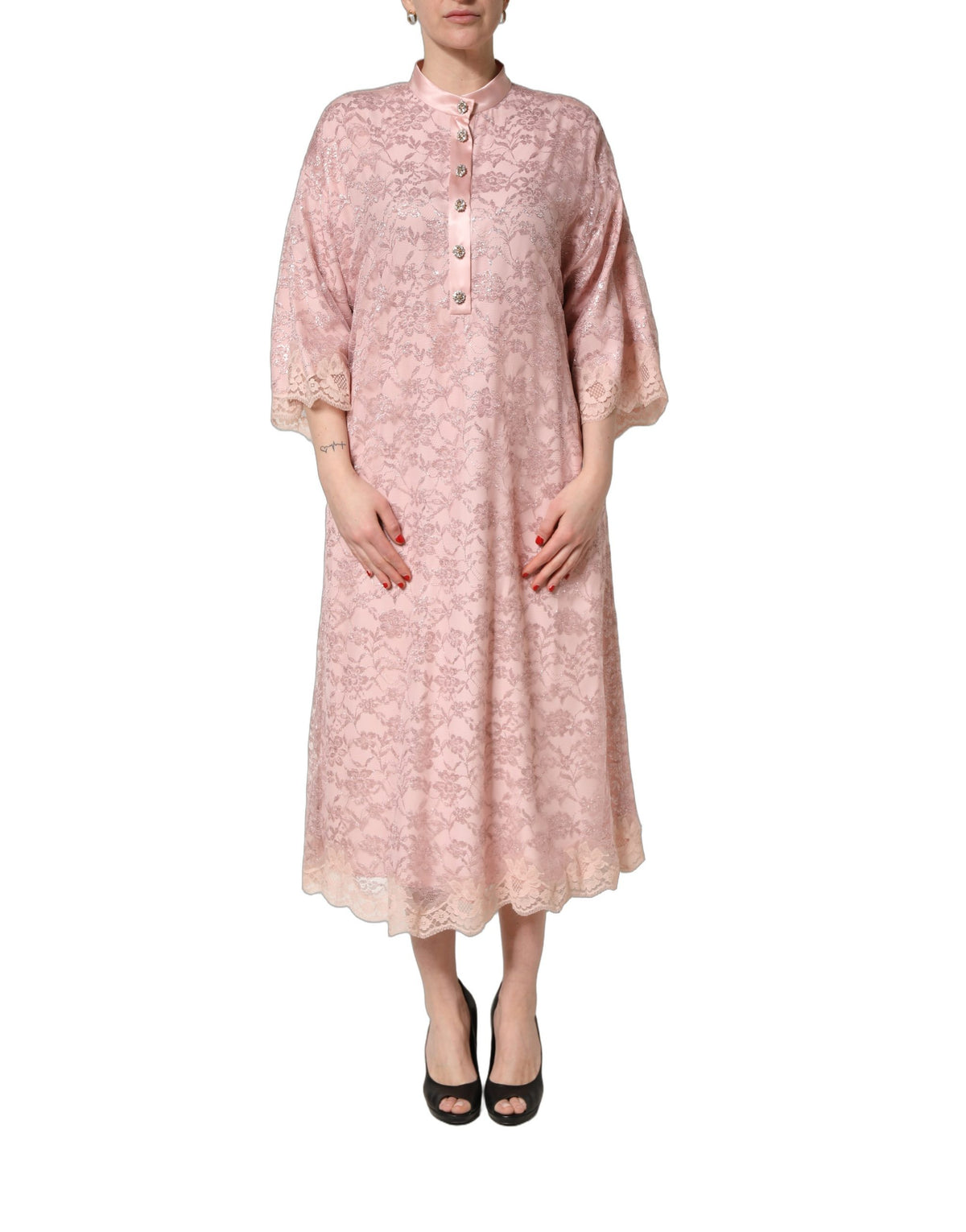 Pink Corded Floral Lace Kaftan Midi Dress