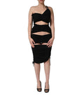 Black Jersey Calf Length Cut-Out Ruched Dress