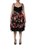 Black Sleeveless Bustier Floral Print Tiered Dress