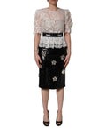 White Lace Top Embellished Black Skirt Dress
