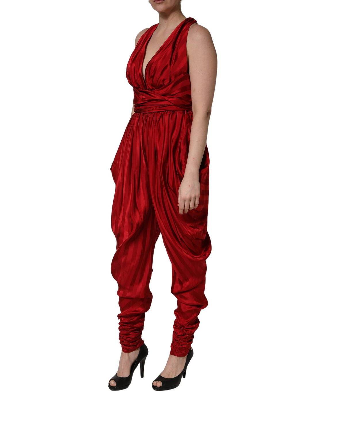 Red Plunging HalterNeck Draped Jumpsuit Dress