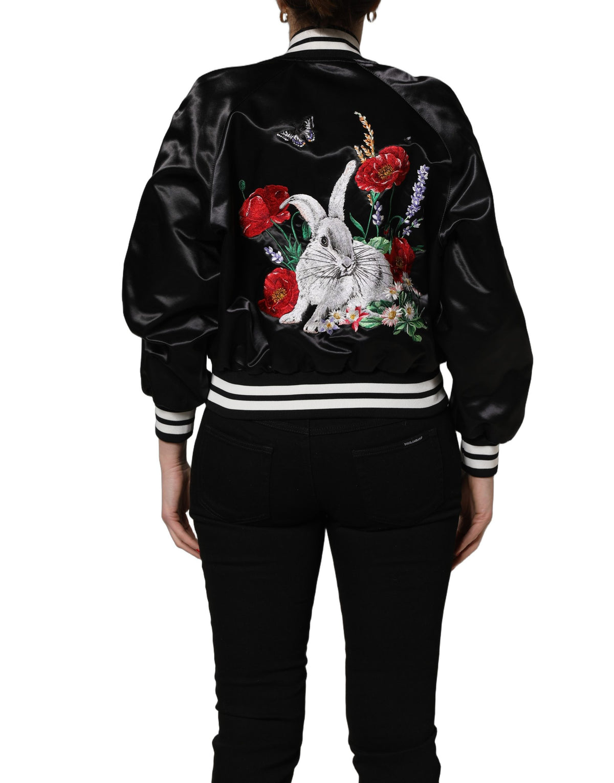 Black Satin Floral Embroidery Bomber Jacket