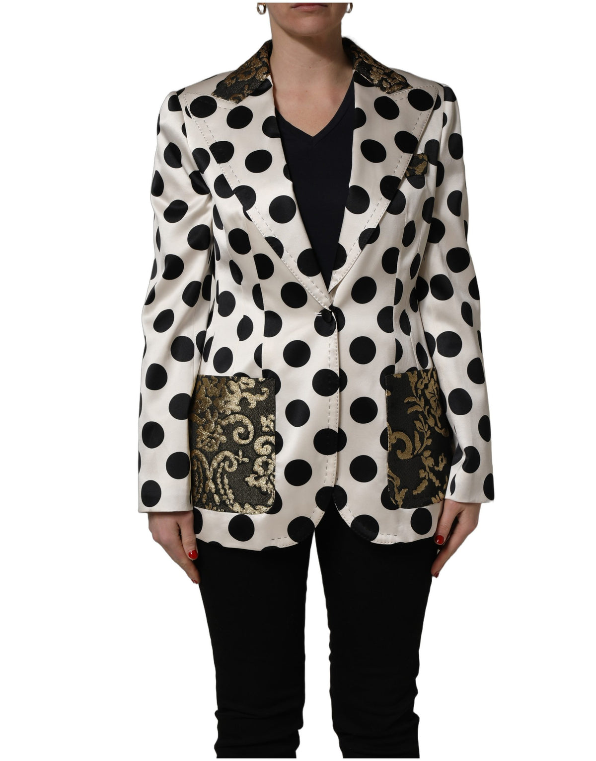 White Brocade Polka-Dot Print Blazer Jacket