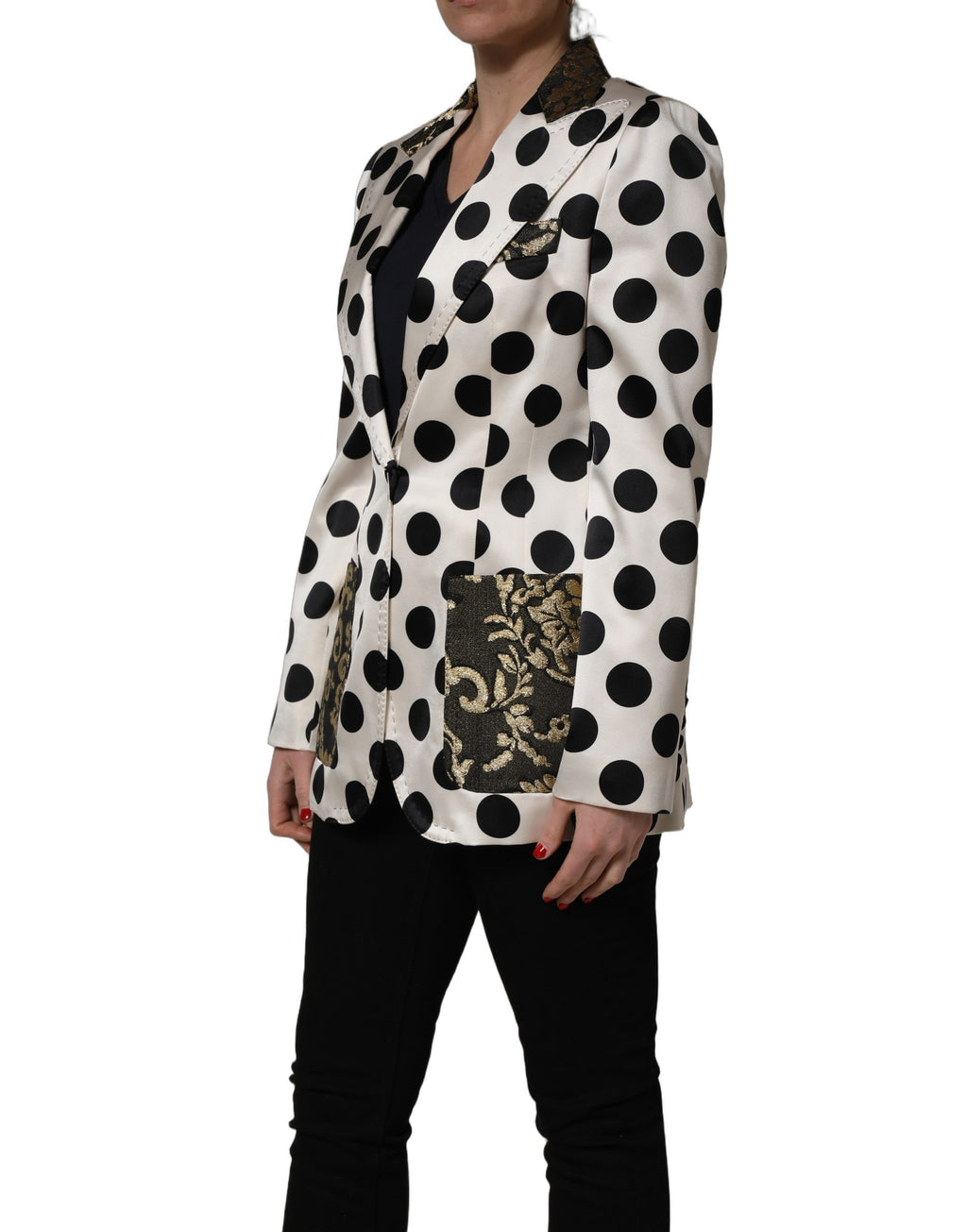 White Brocade Polka-Dot Print Blazer Jacket