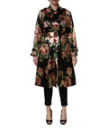 Black Floral Belted Polyester Trench Coat Jacket