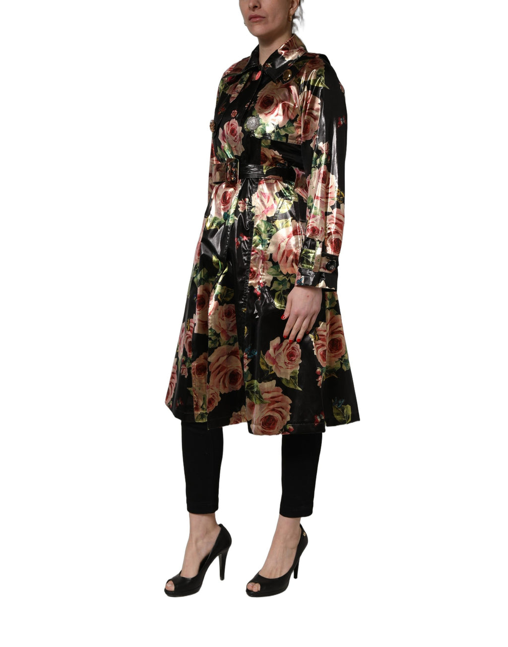 Black Floral Belted Polyester Trench Coat Jacket