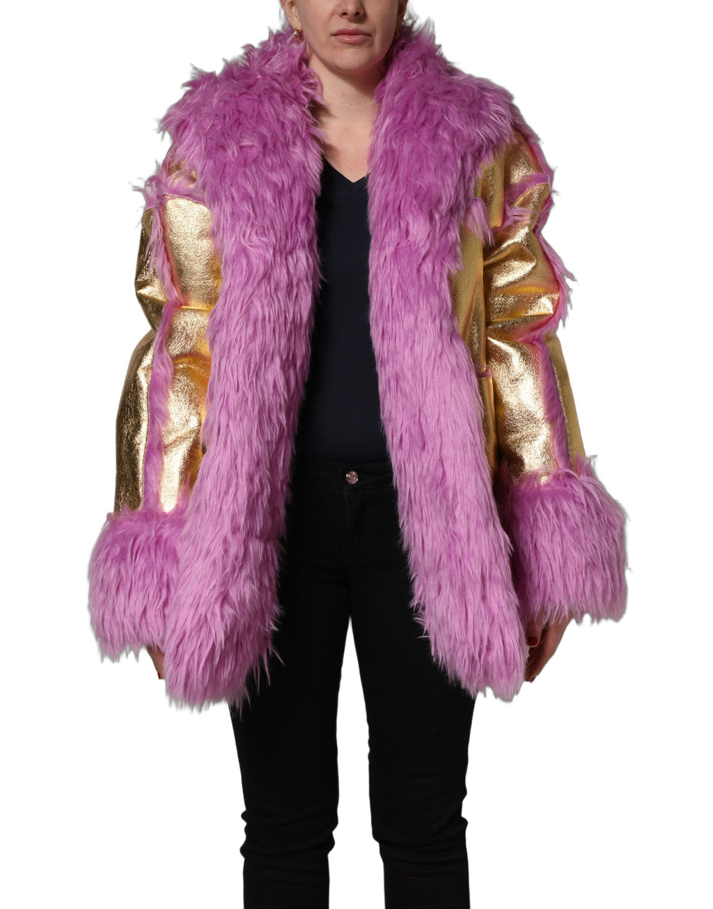 Pink Plush Faux Fur Gold Leather Coat Jacket