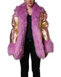 Pink Plush Faux Fur Gold Leather Coat Jacket