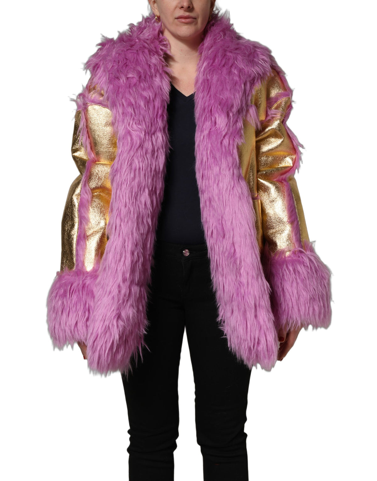Pink Plush Faux Fur Gold Leather Coat Jacket