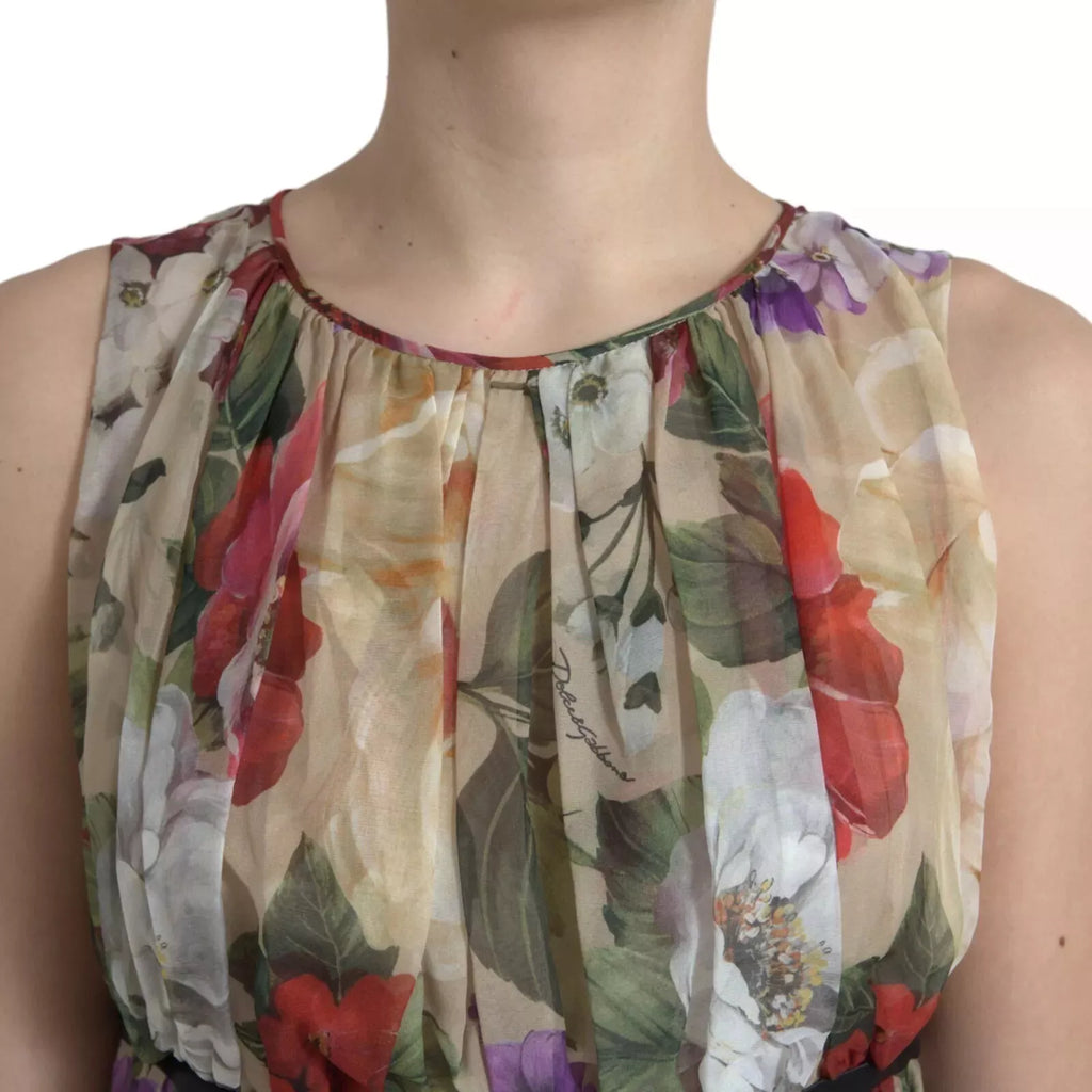 Beige Floral Sleeveless A-line Mini Dress