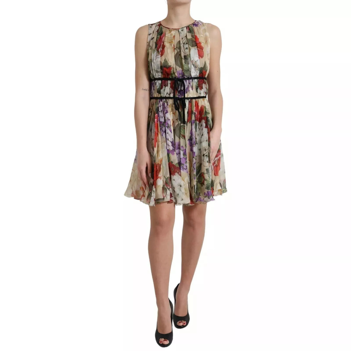 Beige Floral Sleeveless A-line Mini Dress