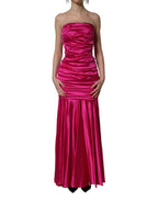 Hot Pink Ruched Satin Strapless Gown Dress