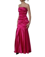 Hot Pink Ruched Satin Strapless Gown Dress