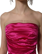Hot Pink Ruched Satin Strapless Gown Dress
